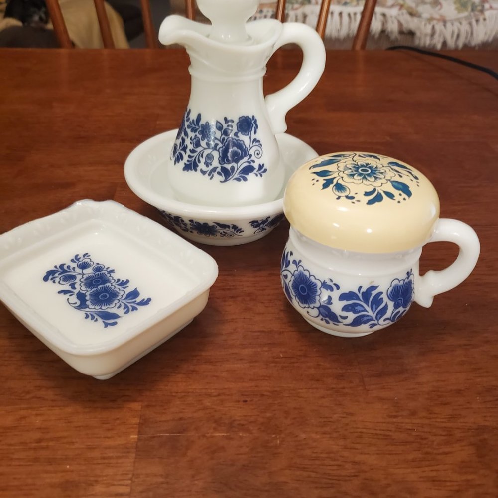 Avon Vintage Delft Blue White Milk Glass Vanity Set